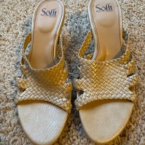 Women's Champagne Gold Woven Leather Mule Sandals
